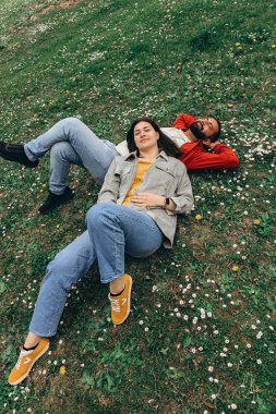 İki insan, kadın ve erkek yazın çimenlikte küçük kır çiçekleriyle birlikte dinleniyor, dışarıda huzurlu bir anın tadını çıkarıyorlar. Günlük giysiler ve doğal çevre sakin ve otantik bir ortam yaratıyor. Yüksek kalite fotoğraf