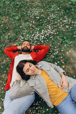 İki insan, kadın ve erkek yazın çimenlikte küçük kır çiçekleriyle birlikte dinleniyor, dışarıda huzurlu bir anın tadını çıkarıyorlar. Günlük giysiler ve doğal çevre sakin ve otantik bir ortam yaratıyor. Yüksek kalite fotoğraf
