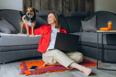 Evde dizüstü bilgisayarla uzaktan çalışan bir kadın, kanepede yatan köpeğine gülümsüyor. Sıcak atmosfer, iş hayatı dengesi ve evcil hayvanlarla duygusal bağ. Yüksek kalite fotoğraf
