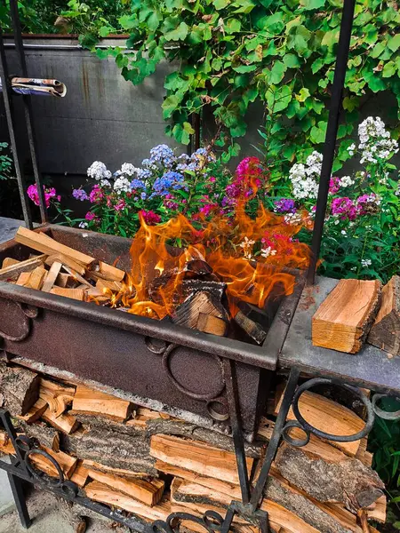 Bahçenin arka planında yanan ateş ve yakacak odunlarla barbekü