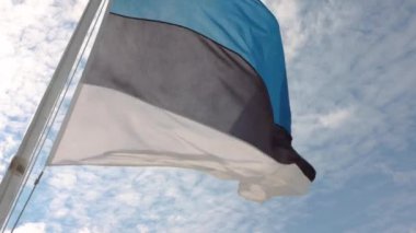 Estonya 'nın güzel bayrağı rüzgarda dalgalanırken mavi gökyüzüne karşı bulutlarla. Rüzgarlı bir günde Estonya bayrağının dalgalanmasına yakın. Bulutlu bir arka plan. Boşluğu kopyala.