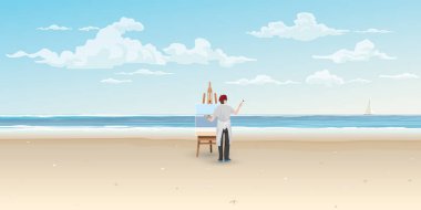 Plaj düz tasarım vektör illüstrasyonunda sörf tahtası olan sörfçü kızın boş yeri var. Karayip deniz konseptine yolculuk.