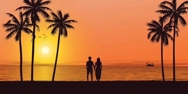 Silhouette Von Palme Und Liebhaber Hand Meer Mit Sonnenuntergang Hintergrund — Stockvektor