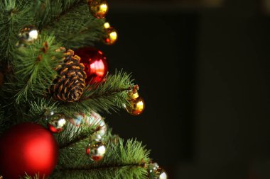 Bulanık arka planda dekore edilmiş Noel ağacı.