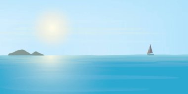 Güneşli bir günde tropikal mavi denizin ufuk çizgisi resimlerinde yatı ve adası vardır. Deniz manzarası ve mavi gökyüzü düz tasarımı.