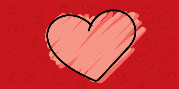 红底心形涂鸦线 用于海报 情人节或婚礼的心尖童装插图 手绘心形符号 — 图库矢量图片