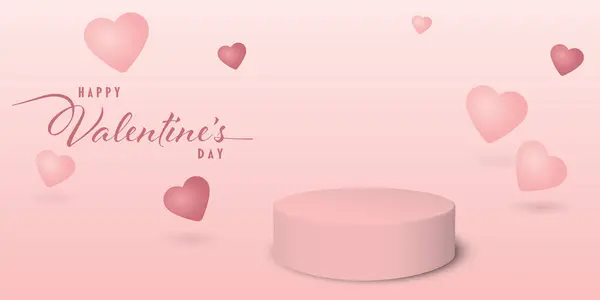 ピンクのバックグラウンドに浮かぶ製品プレゼンテーションとピンクのハート風船のための空白の表彰台を持つハッピーバレンタインデー バレンタインデーグリーティングカード — ストックベクタ