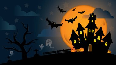 Halloween background with haunted house, bats, full moon, ghost, pumpkins and tree. clipart