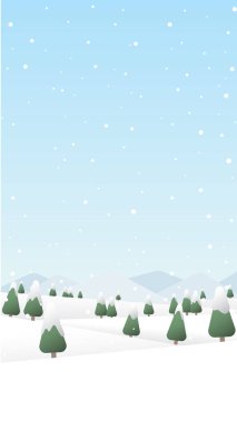 Winter mountains landscape with pines and hills vector illustration. Merry Christmas and Happy New Year greeting card vertical template. clipart