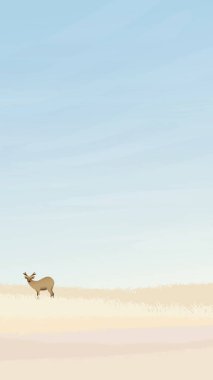 Kırsal alanlardaki genç geyikler sonbahar düz tasarım vektörü çizimlerinde dikey olarak boş alana sahiptirler..