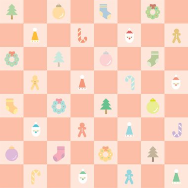 Tartan ekose kumaşları Noel elementleriyle pastel renklerle kontrol etti. Noel simgeleriyle kusursuz satranç masası arkaplanı.