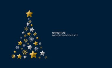 Koyu mavi arka planda yıldızlardan ve kar tanelerinden yapılan soyut Noel ağacı boş alana sahiptir. Lüks Noel tebrik kartı..