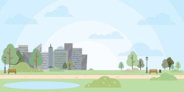 Kürsü, fener, göl ve yürüyüş yolu vektör illüstrasyonlu şehir parkında reklam yazımı için boş alan var. Şehir ve şehir parkı tabiatı.