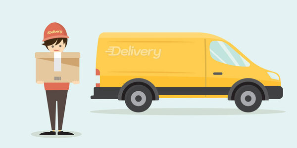 У счастливого курьера с посылкой фургон доставки позади. Бизнес-концепция доставки векторных иллюстраций в стиле мультфильма.