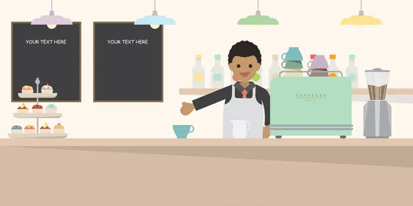 Happy Barista Counter Bar Cafe Vector Illustration Coffee Business Flat — 图库矢量图片