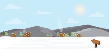 Küçük kasaba vektör illüstrasyonuyla karlı bir yaz. Güneşli bir günde açık gökyüzü olan kar tepesindeki çiftlik ve ev.