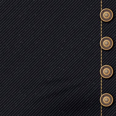 Kare arkaplanda altın dikişli ve pirinç düğmeli siyah renkli Denim jean tekstil deseni vektör çizimi.