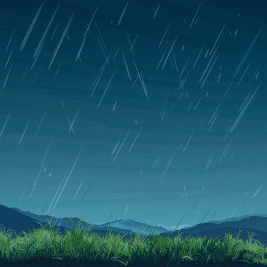 Kırsal alanlarda yağmur, cam tarlaları, dağ sıraları ve alacakaranlık arkaplan düz tasarım grafik resimlerinde boş alan var.