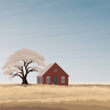 Minimalist manzara buğday tarlası. Sonbahar mevsiminde eski ahır. Düz tasarım..