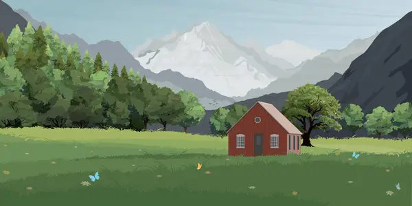 Vadinin ortasındaki çayırda dağlarla çevrili kır evi ve resimli çam ormanı.