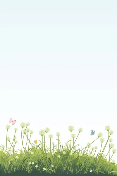 Çimen çiçekleri, rengarenk kelebeklerle betimlenmiş açık mavi gökyüzü dikey arkaplanının olduğu minimalist manzarayı görürler..