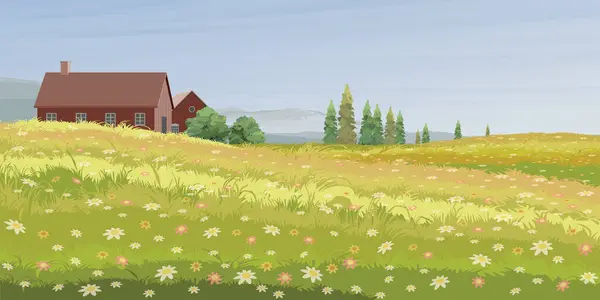 Renkli çiçek tarlalarındaki kır evi tepe manzarası ve grafik çizimlerinin arkasındaki dağ aralığı.
