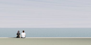 Sisli bir günde sahilde bariyerlerde oturan bir çift aşık. Balayı kavramı minimalizmin boş bir alanı olduğunu gösteriyor.