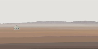 Eski kilisesi olan minimalist manzara çölü düz tasarım grafiklerinin arkasındaki sıradağlara sahiptir..