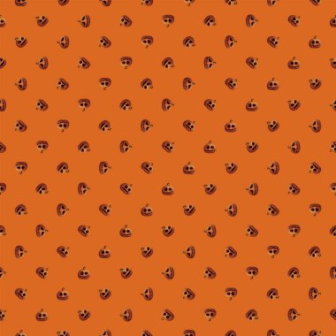 Üç boyutlu Cadılar Bayramı balkabağı turuncu arkaplan grafikleri üzerinde çeşitli yüz dönüşümsüz desen. Kağıt paketleme Cadılar Bayramı tema şablonu.