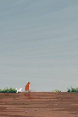 Yağmurdan sonra çamurlu bölgeye bakan minimalizm manzarası. Yavru köpek resimleriyle oynayan yağmurluk giyen bir çocuk boş alana sahip.