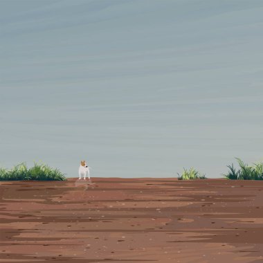 Yağmurdan sonra çamurlu bölgenin minimalizm manzarası. Gölet grafikli bir resimde duran bir köpek boş bir alana sahip.