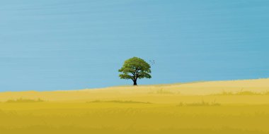 Minimalist çimen alanı manzarası ve mavi gökyüzü arkaplan grafikli büyük ağaç boş alana sahiptir.