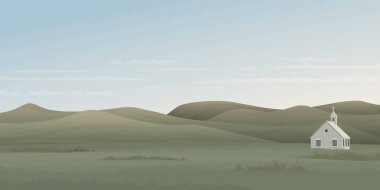 Minimalist çim arazisi ve eski kilise grafikleri olan sıradağlar boş alana sahiptir..