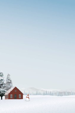 Ahşap kulübesi ve kardan adam olan minimalist kar manzarasının arkasında çam ormanı, dağ sıraları ve mavi gökyüzü bulunur. Mutlu Noeller ve Mutlu Yıllar tebrik kartı dikey şablonu boş.