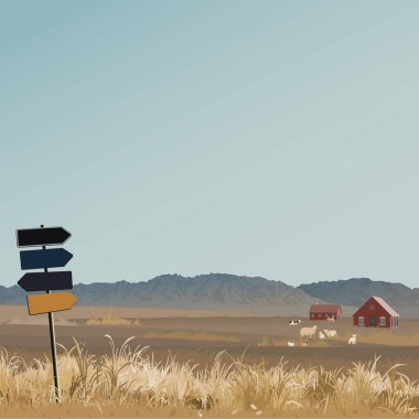 Sonbahar mevsiminde çiftlik hayvanları ve dağ sıralarının yer aldığı kırsal alan grafikler, eko veya günlük ürün reklamları için işaret direğine sahiptir..