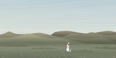 Çiçek tarlasında bir kadın ve kedisiyle minimalist kırsal alan çizimlerinde boş alan vardır..