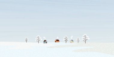 Karlı ağaçlı, minimalist kış manzarası ve küçük bir kasaba, çocuksu bir grafik çizimi. Mutlu Noeller ve mutlu yıllar tebrik kartı şablonu boş..