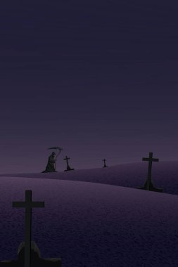 Night at graveyard landscape with Angel of Death vertical background graphic illustration have blank space. clipart