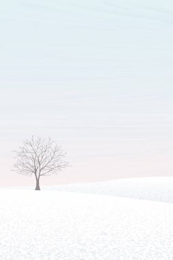 Yalnız ağaç resimli minimalist kış manzarası. Mutlu Noeller ve mutlu yıllar tebrik kartı şablonu boş..