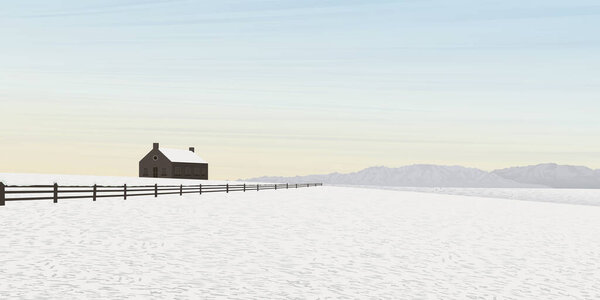 Минималистский снежный пейзаж с сельхозугодиями имеют горные хребты и ванильное небо фоновой графической иллюстрации.