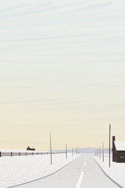 Kış mevsiminde minimalist kırsal bölgelerde, Vanilya gökyüzü dikey arkaplan grafikleriyle küçük kasaba boyunca yerel yollar bulunur..