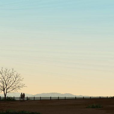 Sonbahar mevsiminde kırsal arazinin uçurumunda siluet seven çiftlerin vanilya gökyüzü kare arkaplan resimli dağ sıraları vardır..