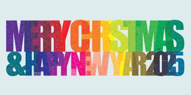 Renkli Mutlu Noeller ve mutlu yeni yıl 2025 kaligrafisi risograph yazıcı etkisiyle izole edilmiş grafik çizimi.