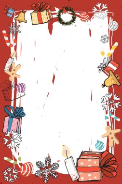 Beyaz boş çerçeveli elin etrafındaki Noel elementleri kırmızı arkaplan grafik çizimine çocuksu bir stil çizdi. Mutlu Noeller ve Mutlu Yıllar tebrik kartı dikey şablonu.