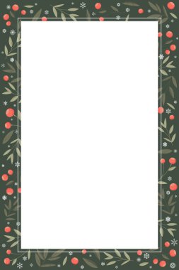 Kutlu Noel dikey çerçevesi ve çoban üzümü ve kar tanesi arkaplan grafiksel resimleme şablonu boş alana sahiptir.