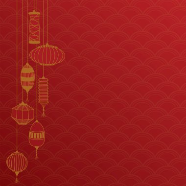 Kırmızı zemin üzerine çocuksu bir el çizilmiş. Doğu desenli. Çin yeni yıl tebrik kartı kare şablonu boş alana sahip..