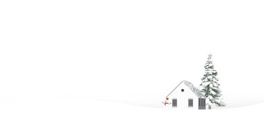 Minimalist kar manzarasında yalnız çam ağacı, kütük kulübe ve beyaz arkaplan resimli kardan adam bulunur. Mutlu Noeller ve mutlu yıllar tebrik kartı şablonu boş..