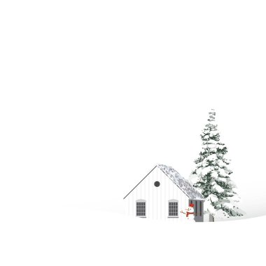 Minimalist kar manzarasında yalnız çam ağacı, kütük kulübe ve beyaz arkaplan resimli kardan adam bulunur. Mutlu Noeller ve mutlu yıllar tebrik kartı şablonu boş..