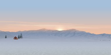 Mauntain sıradağlarıyla minimalist günbatımı manzarası, kış mevsiminde kır evleri ve çam ağaçları beyaz karla kaplı dramatik gökyüzü arkaplan resimlerine sahiptir..