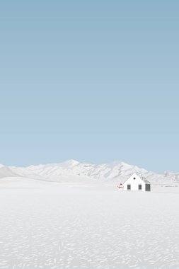 Mauntain aralıkları, kır evi ve beyaz karla kaplı kardan adam ile minimalist kar manzarası dikey arkaplan çizimine sahiptir.
